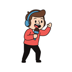 Fototapeta premium Cartoon Boy Speaking into Microphone with Headphones, Podcaster or Presenter