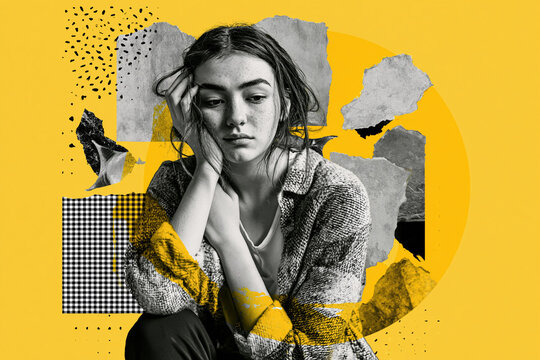 Sad young woman feeling lonely and depressed. Artistic collage design with abstract textures. Mental health concept representing emotional distress, anxiety and psychological struggle in modern