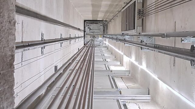 Top down view of elevator cabin rising to the top of concrete shaft.