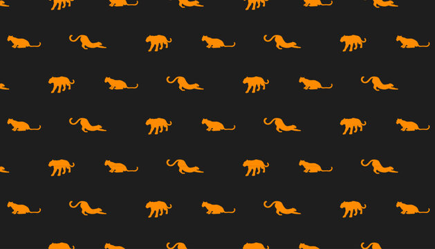 Jaguar seamless pattern orange on black background graphic vector illustration. Flat vector illustration of a jaguar Seamless graphic element on a dark background. Clean, tileable texture 