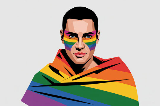 Portrait of young man with rainbow face paint celebrating pride