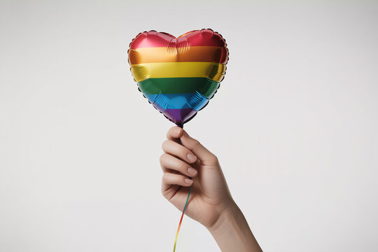 Hand holding rainbow heart-shaped foil balloon on white background