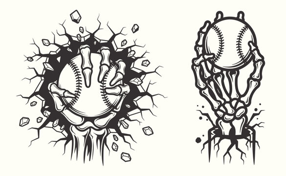 Baseball halloween skeleton hands emerging with baseballs