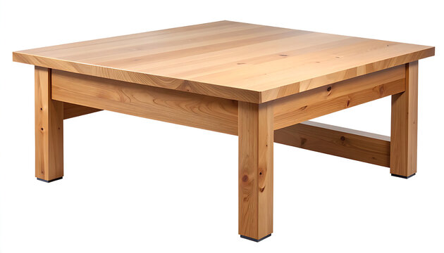 Simple wooden coffee table with square top and sturdy legs, natural light wood grain, isolated on white background, ready for interior design