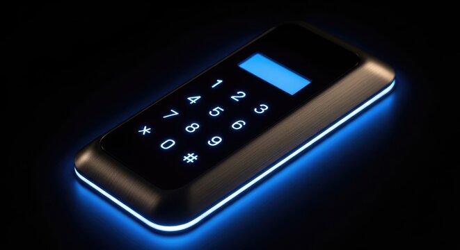 Electronic security keypad with glowing blue numerals and border against black background.