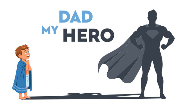 Young boy imagining his dad as a superhero with cape child father