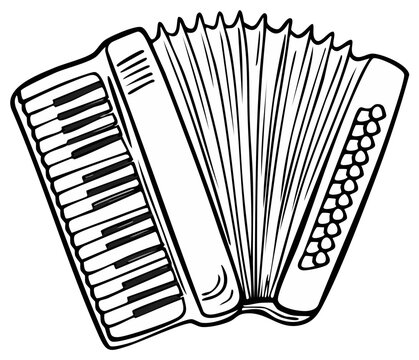 Line art illustration of an accordion musical instrument with keys and bellows for coloring pages or design elements