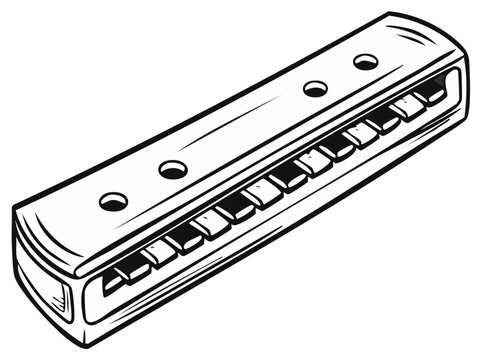 Harmonica Black and White Illustration, Musical Instrument Outlines, Simple Design
