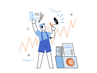 Fototapeta premium Newsboy shouting into a megaphone holding crypto paper vector illustration. Digital finance, market updates, blockchain trends, trading alerts, journalism, investment. Paperboy with bullhorn