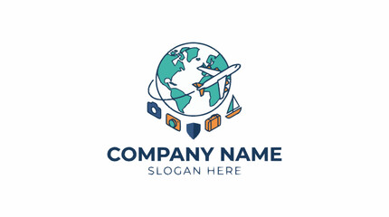 Fototapeta premium Global travel and tourism logo with airplane and luggage.