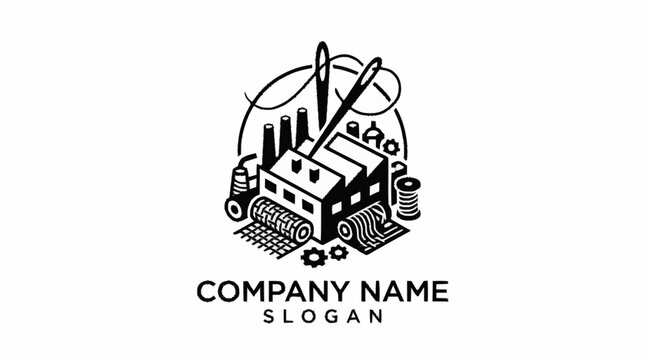 Textile factory logo with sewing elements and industrial symbols.