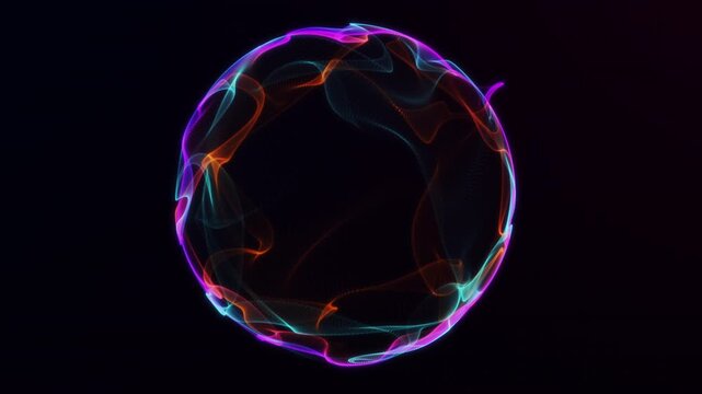 Vibrant abstract neon plasma sphere with glowing pink orange and cyan energy waves forming luminous circular motion on black background, futuristic 4K design