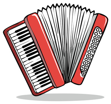 Red accordion musical instrument with keyboard and bellows drawn in cartoon style
