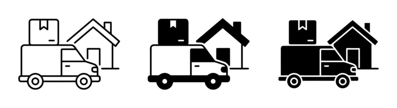 3 delivery truck silhouette icons house, box, solid black style, shipping logistics service