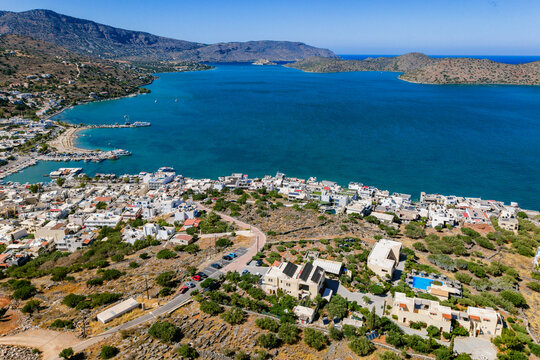 High angle view of Elounda town and turquoise bay in Crete, Greece