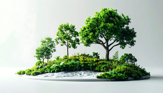Small island with lush green trees and diverse vegetation, miniature diorama with sandy ground, perfect for nature concepts, eco-friendly themes, or fantasy landscapes