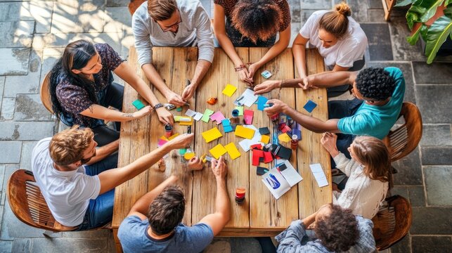 Teamwork, Collaboration, and Brainstorming Session: Diverse Group of Young Professionals Engaging in Creative Problem-Solving with Colorful Sticky Notes and Markers Around a Wooden Table.