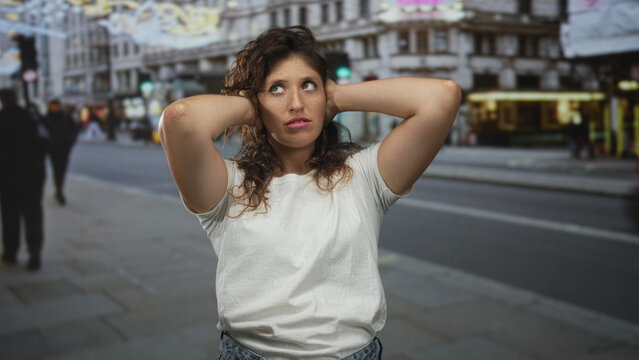 Woman covers ears with hands on a busy city street near shops and storefronts, wearing white tshirt and denim jeans; annoyance solitude coping.