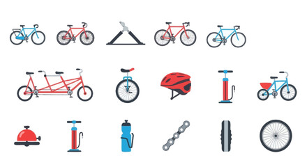 Bicycles, Tandem, Unicycle, Helmet, Pump, Bell, Water Bottle, Chain, Tire, Wheel Icons © MHM99
