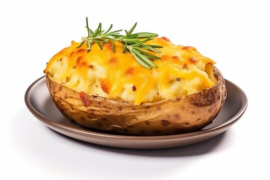 Twice baked potato featuring melted cheddar cheese and fresh rosemary on a brown plate