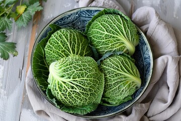 Fototapeta premium Savoy cabbages are presented in a bowl, ready for culinary use, embodying freshness and healthy eating
