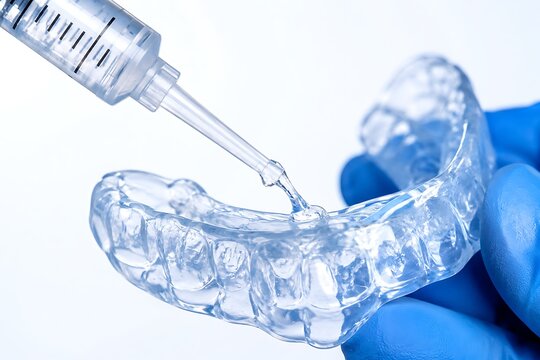 Professional teeth whitening treatment process with bleaching gel syringe and dental clear aligner tray in clinic, close up of dentist hands in blue gloves applying whitening gel to mouth guard.