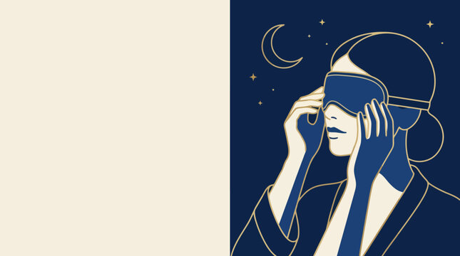 Woman with Sleep Mask Under Moon and Stars, Dreamy Night Scene, Minimalist Art