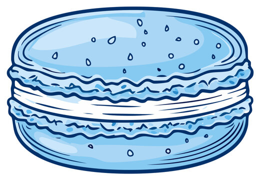 Blue macaron illustration with cream filling and sprinkles isolated. French sweet pastry cartoon drawing.