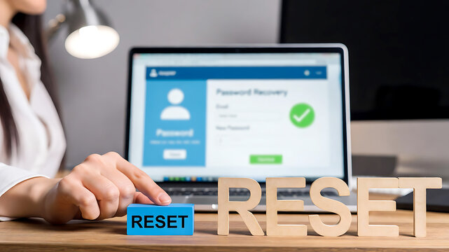 Password recovery reset concept with laptop and wooden letters