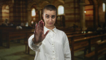 Naklejka premium Woman with short hair and white shirt holds hand raised palm forward in a building, making a stop gesture toward viewer; boundary setting defiance.