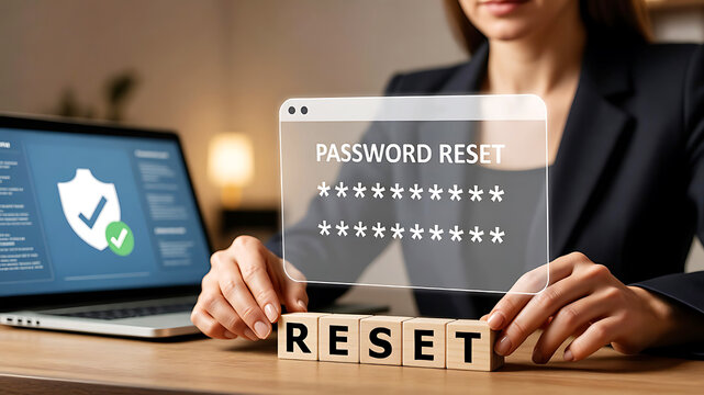 Woman holding reset blocks with password reset on screen