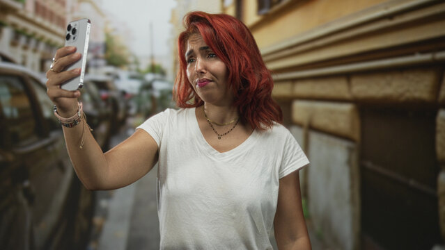 Woman holds smartphone in selfie pose on a city street near parked cars with a pained squint and pursed lips; frustration.
