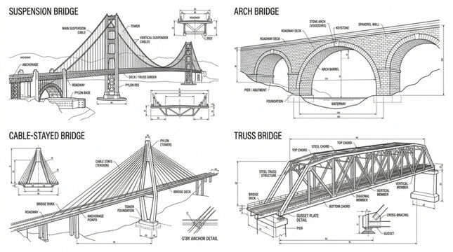Detailed technical drawings of four types of bridges including suspension, arch, cablestayed and truss bridges with labeled components and measurements