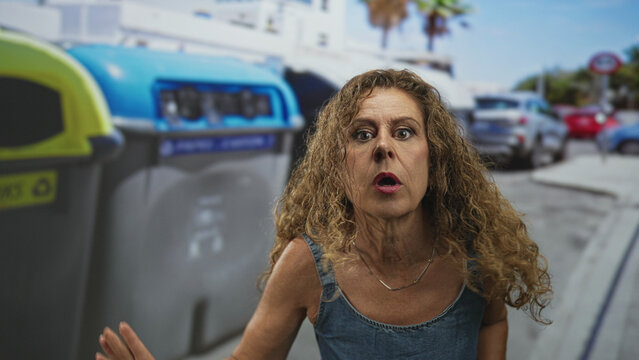 Woman raises hand toward street bin with mouth open in a shout and visible hand gesture; frustration confrontation.
