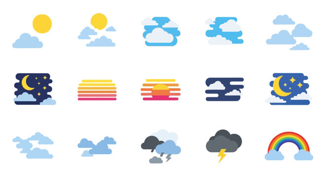 Weather Icons: Sun, Clouds, Moon, Rainbow, Storm