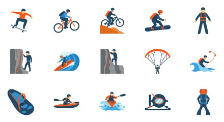 Extreme Sports Icons: Skateboarder, Cyclist, Climber, Surfer, Kayaker, Parachutist © MHM99