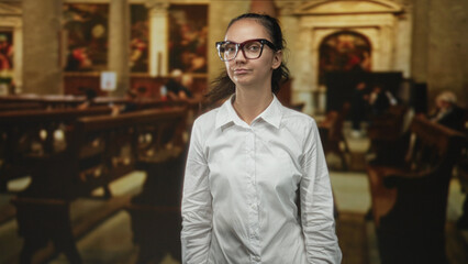 Woman wearing large glasses and white buttonup stands then folds arms, hair moving, neutral expression in church building with wooden pews and altar visible  quiet contemplation. © Krakenimages.com