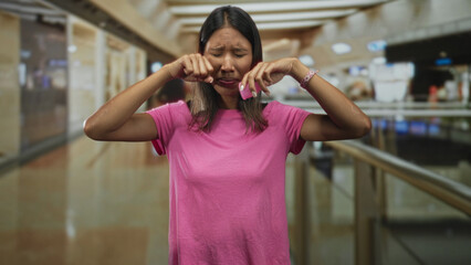Fototapeta premium Woman holding menstrual cup wipes eyes with hand in airport terminal walkway; embarrassment vulnerability.