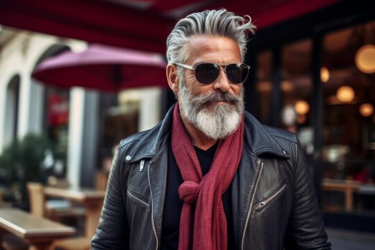 Senior man with grey hair and beard walking outdoors in an urban setting