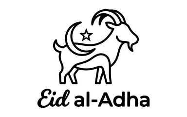 Naklejka premium Eid al-Adha goat icon, Islamic holiday symbol, crescent moon star, black line art logo, vector illustration