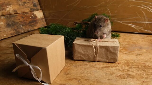 Brown  gray rat and cardboard boxes.