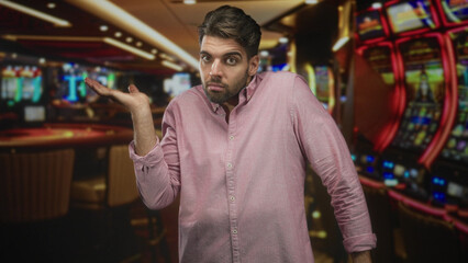 Obraz premium Hispanic man with beard in pink shirt holding palm up in shrug gesture among slot machines at a casino inside a building; uncertainty pondering.