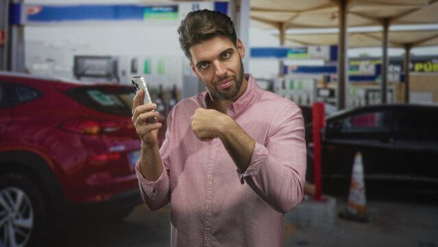 Man points finger to smartphone while holding phone near parked cars and traffic cone in street; product demo confidence.