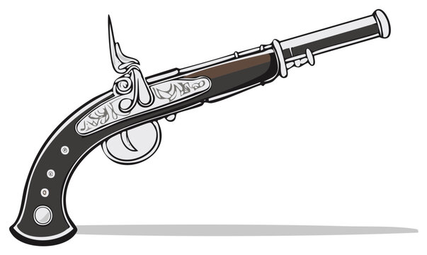 Antique Flintlock Pistol Cartoon Illustration of a Detailed Decorative Weapon