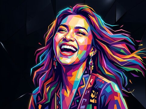 Vibrant Pop Art Portrait of a Laughing Woman in WPAP Style