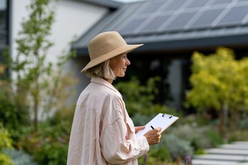 Fototapeta premium Middle aged woman holding clipboard surveying suburban garden
