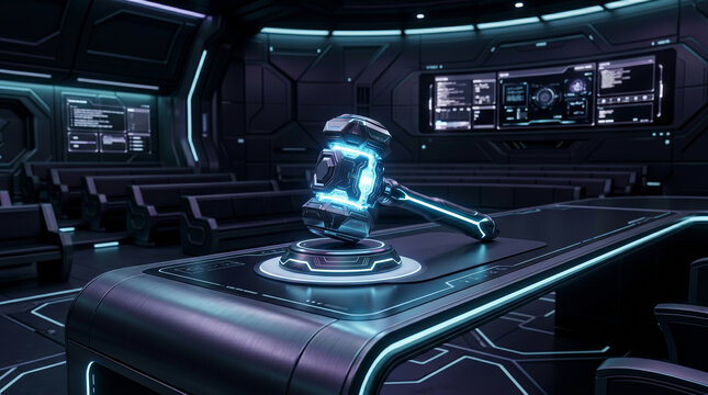 A judge reviews digital law and justice documents on a futuristic courtroom table with a robotic figure.