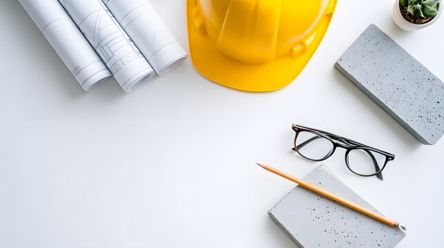 Blueprints, a hard hat, and glasses are organized on a desk