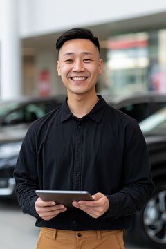 Young man smiling holding tablet inside car showroom