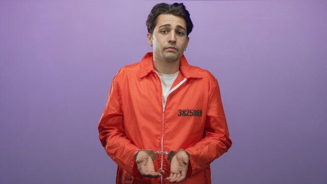Man in orange jumpsuit stands with handcuffed hands held forward and inmate number visible on chest in studio; remorse consequence isolation.